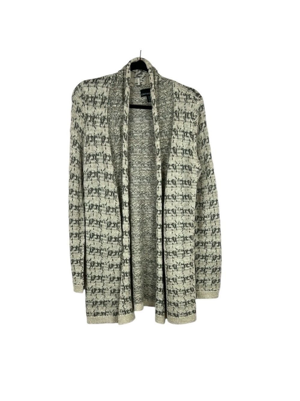 Cynthia Rowley Alpaca Blend Houndstooth Open Front Cardigan Sweater Medium Grey - Picture 2 of 13